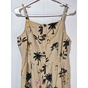 Old Navy Womens Linen Midi Sun Dress Large Button Front Shirred Animals Zoo Trip